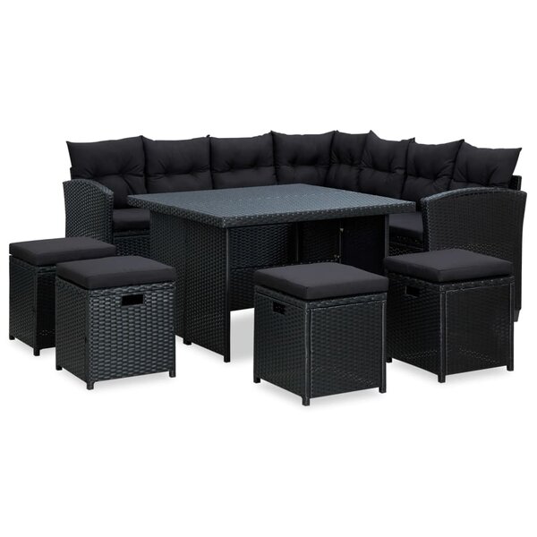 Salon de jardin meuble d'extérieur ensemble de mobilier 6 pièces avec coussins résine tressée noir 02_0016930