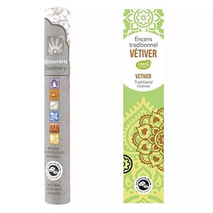 Encens indien Vetiver 20 bâtonnets + encens ayurvédique 14 bâtonnets