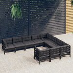 vidaXL Salon de jardin 10 Pièces avec coussins Noir Bois de pin