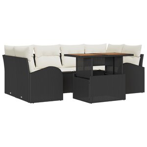 vidaXL Ensemble de salle à manger de jardin 7 pièces avec coussins noirs en poly rotin