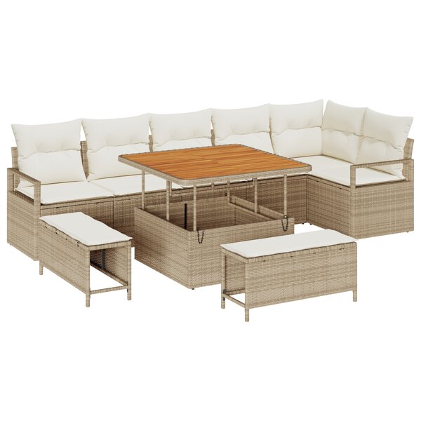 Ensemble de 9 canapés de jardin avec coussins beige poly rotin acacia