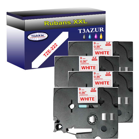 4 x Rubans pour étiquettes laminées génériques Brother Tze-222 pour étiqueteuses P-touch - Texte rouge sur fond blanc- T3AZUR