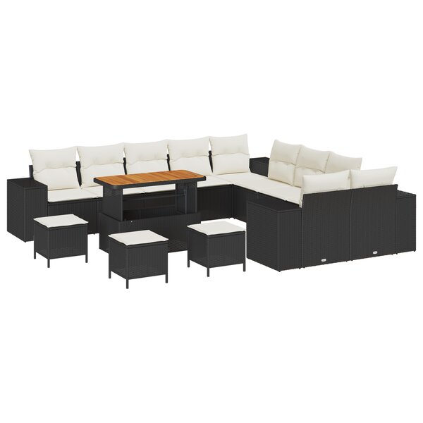 Ensemble de Canapé Jardin 14 Pièces avec Coussins Noir Poly Rattan Acacia