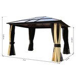 Pavillon de jardin tonnelle rigide dim. 3 6L x 3l x 2 65H m 4 parois latérales anti-UV beige 4 moustiquaires zippées éclairage LED solaire alu polycarbonate noir marron