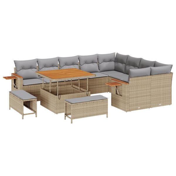 vidaXL Ensemble de 12 canapés de jardin avec coussins beiges en poly rattan.