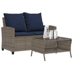 vidaXL Canapé de jardin 2 places coussins et table gris résine tressée