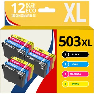123CONSOMMABLES - 503XL -  Cartouches d'encre Compatible pour Epson 503 XL pour Epson Expression Home XP-5200 XP-5205 Workforce WF-2960DWF WF-2965DWF (Pack de 12)