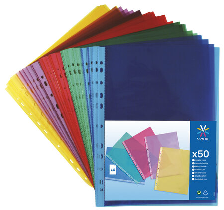 Lot de 50 pochettes perforées couleur A4 - Bord renforcé - Finition lisse - Assortiment 5 couleurs