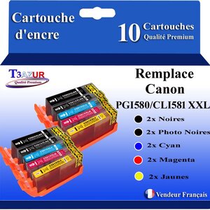 T3AZUR - 10x Cartouches compatibles avec Canon PGI-580 CLI-581 XXL pour Canon Pixma TS8100 TS8150 TS8151 TS8152 TS8200 TS8240 TS8241TS8250