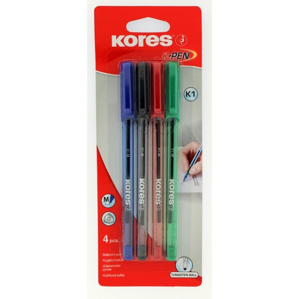 Lot de 4 stylos bille - k-pen - pointe médium - corps triangulaire - kores