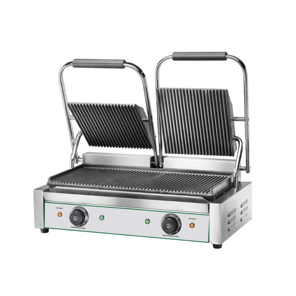 Grill panini double plaque supérieure et inférieure rainurées en fonte - 3 6 kw -  -