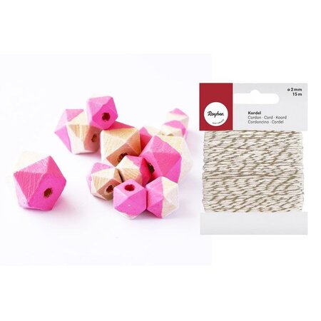 Perles en bois diamant rose + Ficelle dorée & blanche 15 m