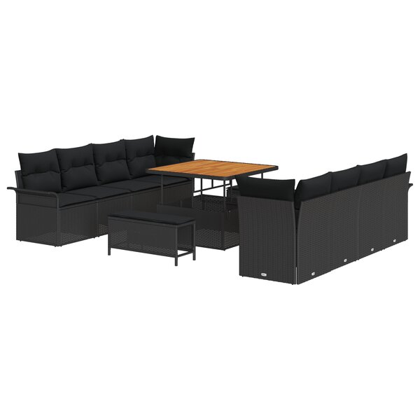 vidaXL Set de canapé de jardin 11 pièces avec coussins en poly rattan noir et bois d’acacia.