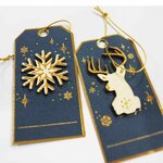6 étiquettes cadeaux de Noël - Bleu et paillettes dorées