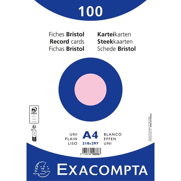 Paquet 100 Fiches Sous Film - Bristol Uni Non Perforé 210x297mm - Rose - X 10 - Exacompta