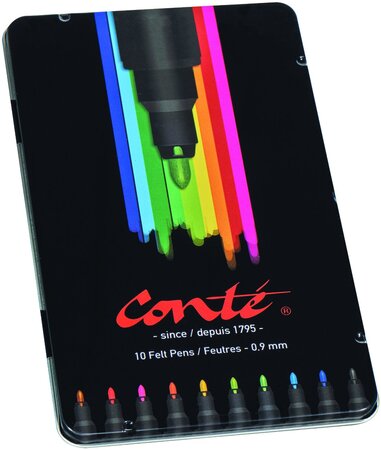 Boîte Métal de 10 Feutre de coloriage Pte Fine 2mm 10 couleurs CONTÉ