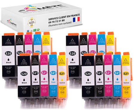 520xl 521xl - 20 cartouches compatible avec canon pgi-520 cli-521 xl  ou 520 521 xl pour imprimante canon pixma - 8 noir +4 cyan +4 magenta +4 jaune