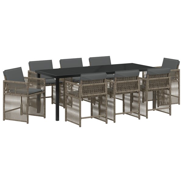 vidaXL Ensemble de Salle à Manger de Jardin 9 Pièces avec Coussins Gris en Poly Rattan