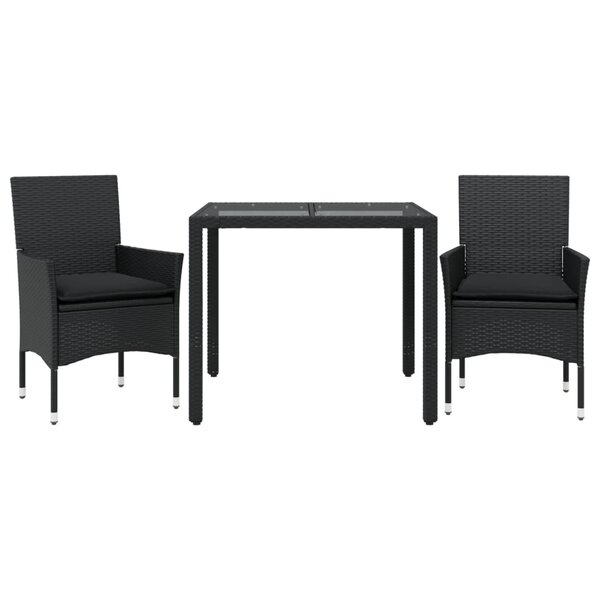 vidaXL Ensemble à manger de jardin et coussins 3 Pièces noir rotin verre