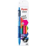 Etui de 4 Stylos bille rétractables IZEE  FUNNY BX470 Bleu Vert Orange Rose PENTEL