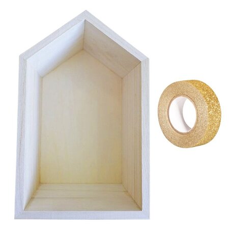 Etagère bois maison 22 5 x 14 x 10 cm + masking tape doré à paillettes 5 m