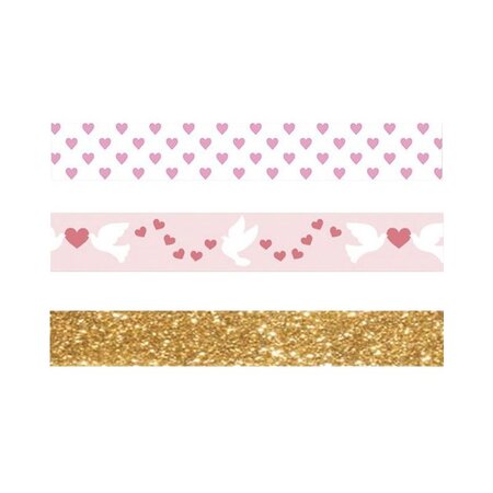 3 masking tapes St Valentin cœurs  colombes et doré à paillettes