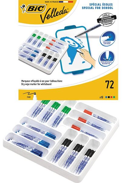 Class pack de 72 feutres tableau blanc effaçable 1721 Pointe fine ogive couleurs assorties VELLEDA