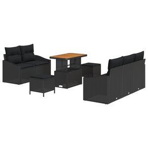 Ensemble de Sofa de Jardin de 8 Pièces avec Coussins Noir Poly Rattan Acacia