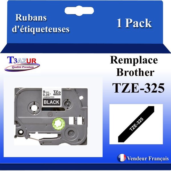 Ruban d'étiqueteuse compatible avec Brother Tze325  Tze-325 pour étiqueteuses P-touch - Texte blanc sur fond noir - Largeur 9 mm x 8 mètres - T3AZUR