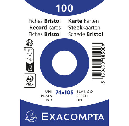 Paquet 100 Fiches Sous Film - Bristol Uni Non Perforé 74x105mm - Blanc - X 40 - Exacompta