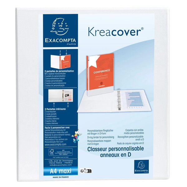 Classeur Pp Personnalisable Kreacover - 4 Anneaux En D 50mm - A4 Maxi - Blanc - X 10 - Exacompta