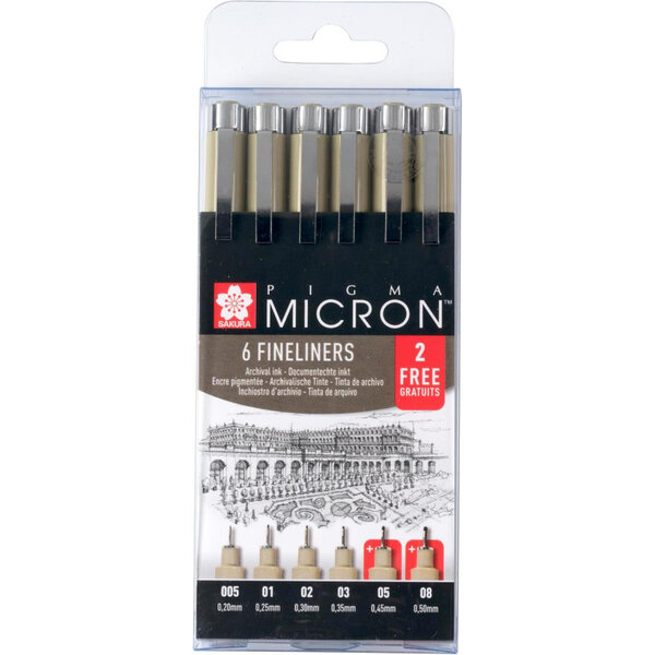 Lot de 6 fineliners noirs Sakura Pigma Micron – tailles 005 à 08