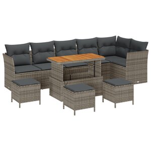 Ensemble de Canapé de Jardin 10 pièces avec coussins Gris Rotin Poly Acacia