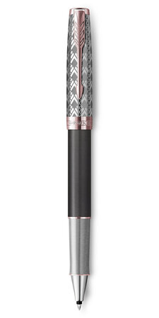 Parker sonnet premium stylo roller  métal et laque grise or rose  recharge noire pointe fine  coffret cadeau