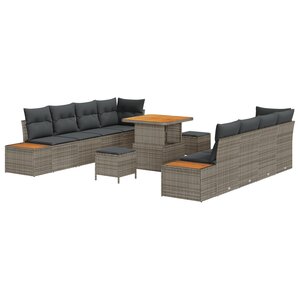 Set de Canapé de Jardin 11 Pièces avec Coussins Gris Rattan Poly Acacia