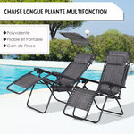 Chaise longue pliable de jardin zéro gravité pare-soleil et dossier réglable plateau porte gobelet accessoires metal textilène gris chiné