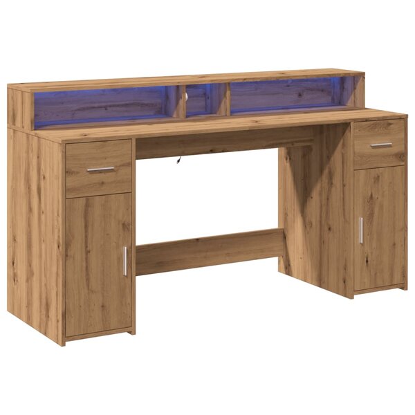 Bureau table poste de travail meuble d'ordinateur informatique étude avec lumières LED chêne artisanal bois d'ingénierie brun 02_0023418