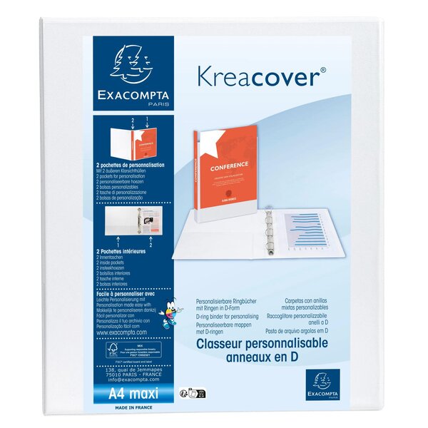 Classeur Pp Personnalisable Kreacover - 4 Anneaux En D 25mm - A4 Maxi - Blanc - X 10 - Exacompta