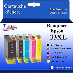 T3AZUR - 5x Cartouches Compatibles avec Epson 33XL 33 XL remplace Epson XP530 XP540 XP540 XP630 XP635 XP640 XP645 XP7100 XP830 XP900