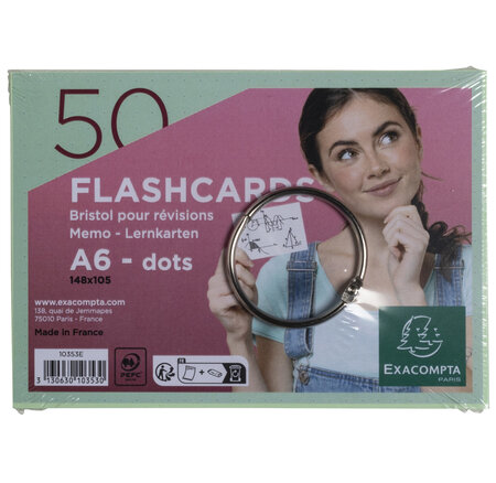 Paquet De 50 Flashcards Sous Film + Anneau - Bristol Dots Perforé - Format A6 - Vert - X 19 - Exacompta