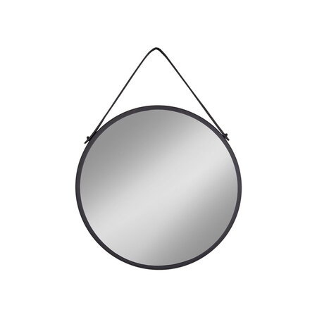 Miroir noir rond en acier avec sangle en cuir synthétique Ø 38 cm