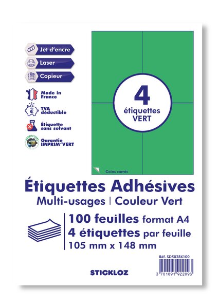 100 planches a4 - 4 étiquettes 105 mm x 148 mm autocollantes vert par planche pour tous types imprimantes - jet d'encre/laser/photocopieuse