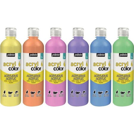 Carton de 6 flacons de 500 ml de peinture acrylique PEBEO ACRYLCOLOR couleurs pastel assorties