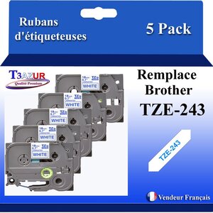 5x Rubans d'étiqueteuses compatibles avec Brother Tze243  Tze-243 pour étiqueteuses P-touch - Texte bleu sur fond blanc - Largeur 18 mm x 8 mètres - T3AZUR