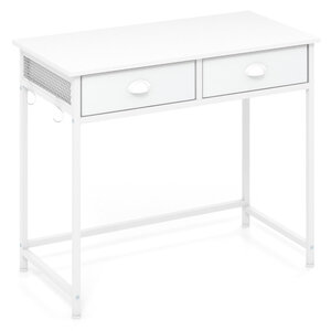 Bureau d'ordinateur compact 90 x 45 x 75 cm avec 2 tiroirs en tissu crochets suspendus en métal blanc 20_0010869
