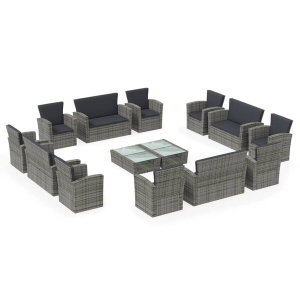 vidaXL Salon de jardin 16 Pièces avec coussins Résine tressée Gris