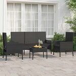 vidaXL Salon de jardin 4 Pièces avec coussins Noir Résine tressée