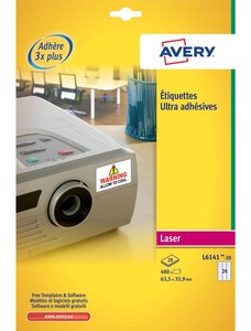 480 étiquettes blanches ultra adhésives. 63,5x33,9mm. Impression laser avery