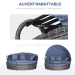 Lit canapé de jardin modulable grand confort pare-soleil pliable 5 coussins 3 oreillers 180L x 175l x 147H cm résine tressée grise polyester bleu