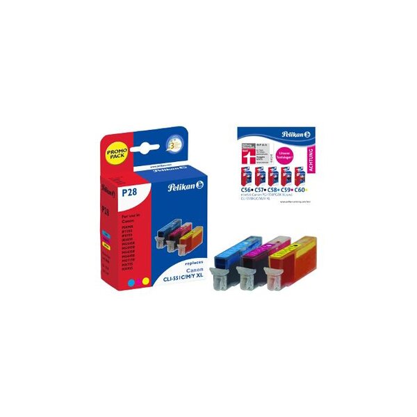 P28 cartouche jet d'encre compatible avec oem cli-551 c-m-y xl 6444b001 + 64... Pelikan printing